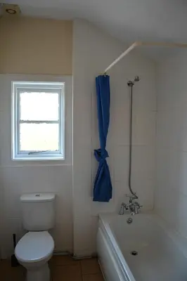 a bathroom with a toilet and a blue shower curtain at Llanerch Inn in Llandrindod Wells