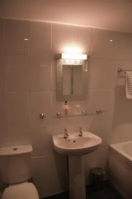 a bathroom with a sink and a toilet and a mirror at Llanerch Inn in Llandrindod Wells