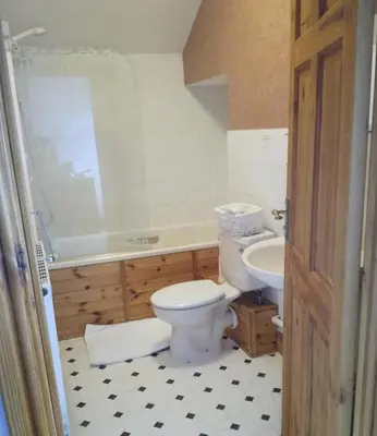 a bathroom with a toilet and a tub and a sink at Ty Newydd in Llangadog