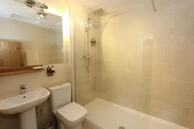 a bathroom with a toilet and a sink and a shower at Plas Yn Dre in Bala