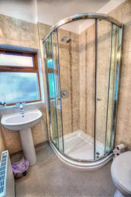 a bathroom with a shower and a sink at The Elephant & Castle Hotel in Newtown