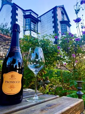 a bottle of wine and a glass on a table at Bron-Y-Graig in Corwen