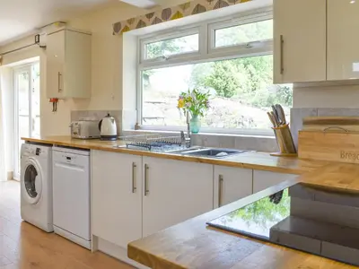 a kitchen with white cabinets and a sink and a window at Brynllin Holiday Cottages - Dildre in Penuwch