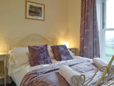 a bedroom with a bed with pillows and a window at Tyllwyd Farmhouse in Capel Bangor