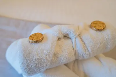 twocoins sitting on top of a white towel at Beautifully decorated, elegant apartment near town - Pass the Keys in Shrewsbury