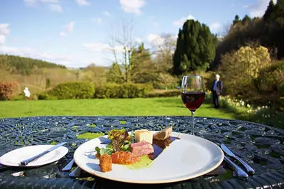 a plate of food and a glass of wine on a table at The Falcondale Country House Hotel in Lampeter