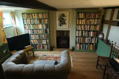 a living room with a couch and many books at Chestnut Cottage in Eardisley