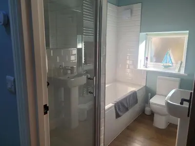 a bathroom with a shower and a sink and a toilet at The Bakery in Llanddeiniol
