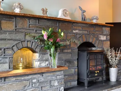 a stone fireplace with a vase of flowers on a mantle at Dyffryn Haidd in Llanafan