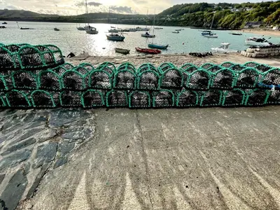 a pile of nets on a beach with boats in the water at Seascape in New Quay