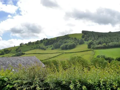a view of a green hillside with a farm house at Upper Ffinnant in Aber-Brân