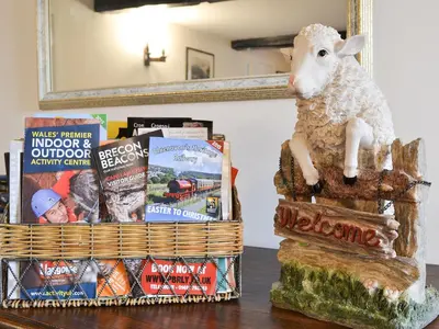 a basket with a sheep sitting on top of it at Upper Ffinnant in Aber-Brân