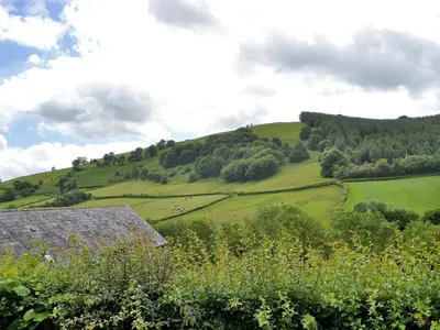 a green hillside with a house in the foreground at Chalgrove in Aber-Brân