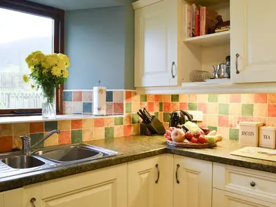 a kitchen counter with a sink and a bowl of fruit at Chalgrove in Aber-Brân