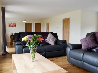 a living room with a vase of flowers on a table at Dolview in Penybont