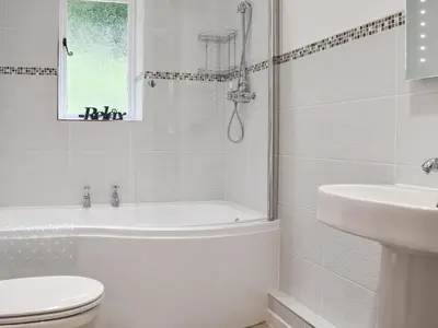 a bathroom with a tub and a toilet and a sink at Burrills View in Horderley
