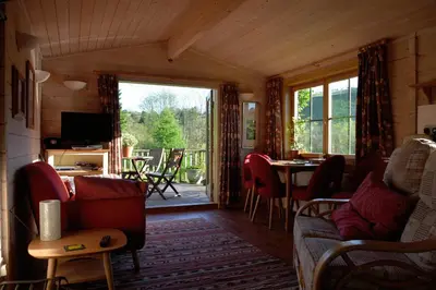 a living room with a couch and a table at Log Cabin in Brecon