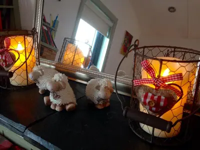 a group of stuffed animals on a table in front of a mirror at Upper Gilwern Quarry Hut in Llandrindod Wells
