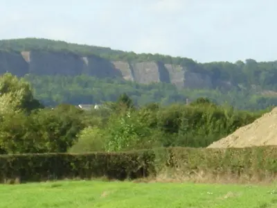 a field with trees and mountains in the background at Ty Llew in Llandysilio