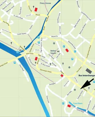 a map of the city of genebourg with a black arrow at The Gremlin Lodge in Brecon