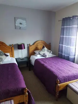 a hotel room with two beds with purple sheets at The Lamb and Flag Inn in Rhayader