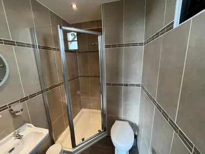 a bathroom with a shower and a toilet and a sink at Sunray Suites in Barmouth