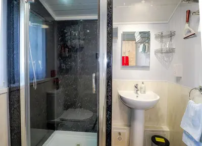 a bathroom with a shower and a sink at Y Bwthyn in Tal-gareg