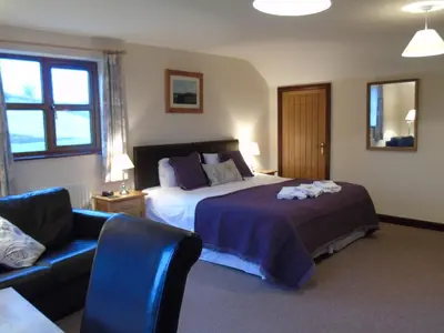 a hotel room with a bed and a couch at Pwllgwilym B & B in Builth Wells