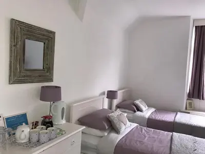 a white room with two beds and a mirror at Ty Mawr Hotel in Llanbedr