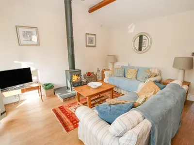 a living room with a couch and a fireplace at Virginia Cottage in Acton Burnell