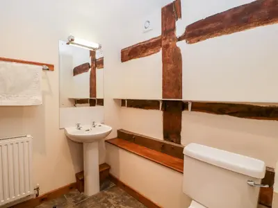 a bathroom with a white toilet and a sink at Tippets View in Pembridge