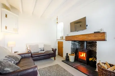 a living room with a couch and a fireplace at Braich-Y-Celyn Lodge in Aberdyfi