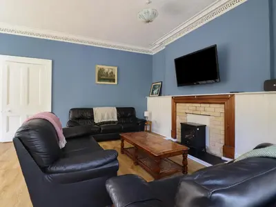 a living room with a couch and a fireplace at Bryn Cemlyn in Llanfachreth