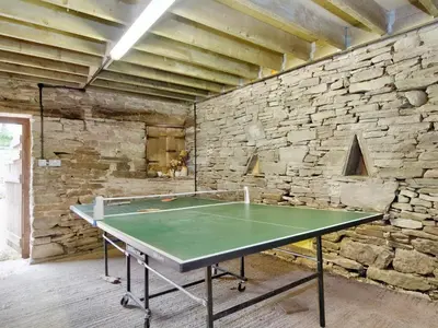 a ping pong table in a room with a stone wall at The Birches in Craswall