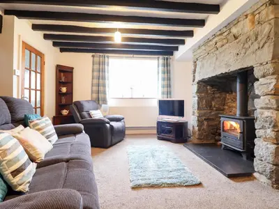 a living room with a couch and a stone fireplace at Bryn Re in Trawsfynydd