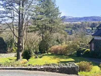 a yard with a house and a tree and grass at Llechwedd in Dolgellau