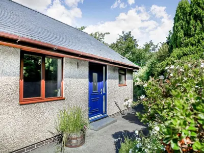 a cottage with a blue door and a garden at Llety Nest in Llanfachreth