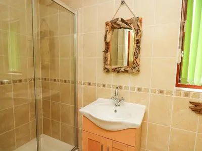 a bathroom with a sink and a shower and a mirror at Derwen Villa in Mydroilin