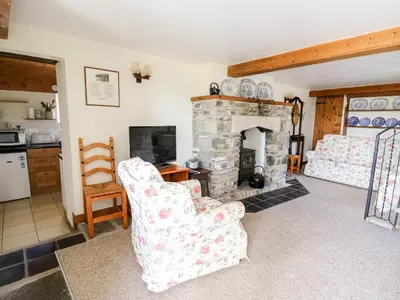 a living room with two chairs and a fireplace at Llety'r Wennol in Llanycrwys
