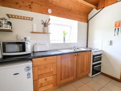 a kitchen with a sink and a microwave at Llety'r Wennol in Llanycrwys