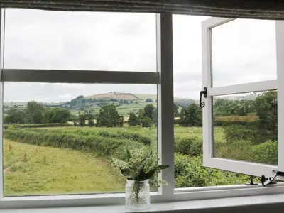 a window with a view of a field at Bicton Lodge in Clun