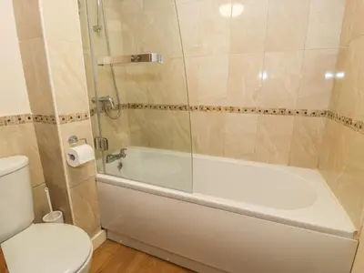 a bathroom with a shower and a tub and a toilet at Hendoll Cottage 1 in Fairbourne