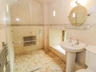 a bathroom with a sink and a toilet and a shower at Hendoll Barn in Fairbourne