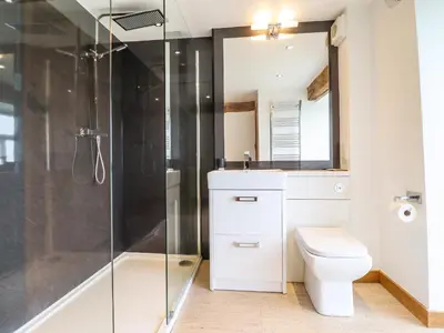 a bathroom with a toilet and a shower at Ysgubor Las in Dolgellau