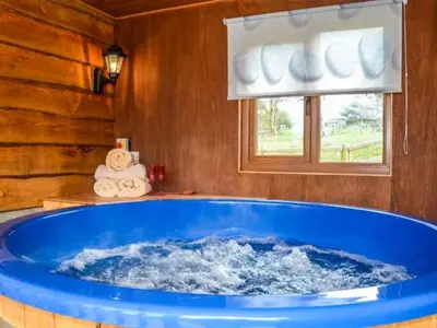 a blue tub in a room with a window at Brynhir Farm in Llandrindod Wells