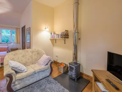 a living room with a couch and a wood stove at Woodpeckers Cottage in Church Stretton