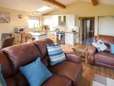 a living room with a leather couch and a kitchen at Valley View Lodge in Trelystan