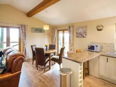 a kitchen and living room with a table and chairs at Valley View Lodge in Trelystan