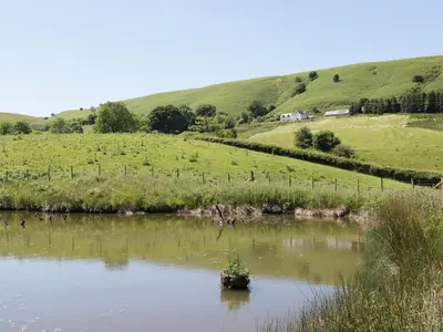 a small island in the middle of a river at 2 Beacon View Barn in Felindre