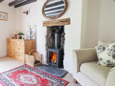 a fireplace in a living room with a couch at Bodywen in Llangynog